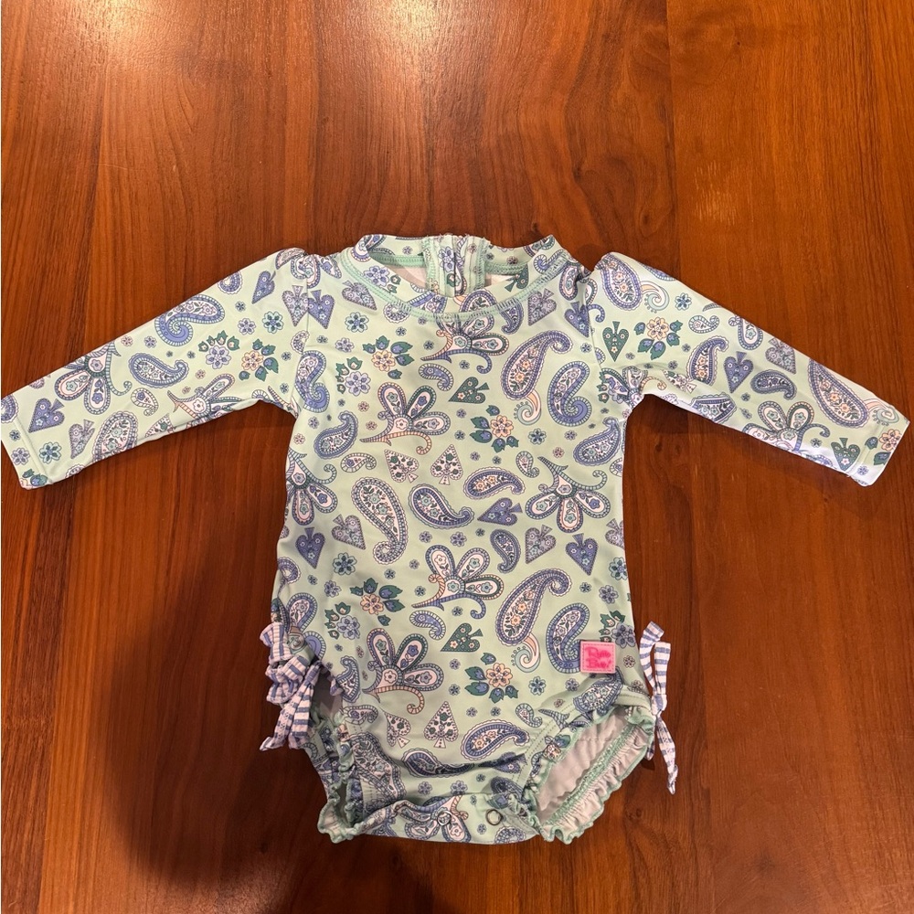 Ruffle Butts Mint and Blue Paisley Swimsuit 6-12m